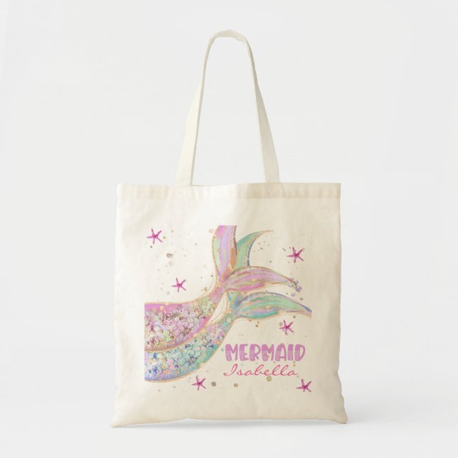 Tote Bag Mermaid Queue rose Green Parties scintillant or pe (Devant)