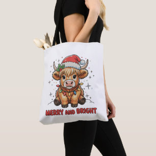 Tote Bag Merry & Bright Cute Highland Baby Cow Noël
