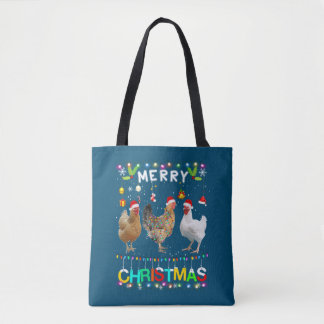 Tote Bag Merry Christmas Chicken Shirt Santa Hat Lights Xma