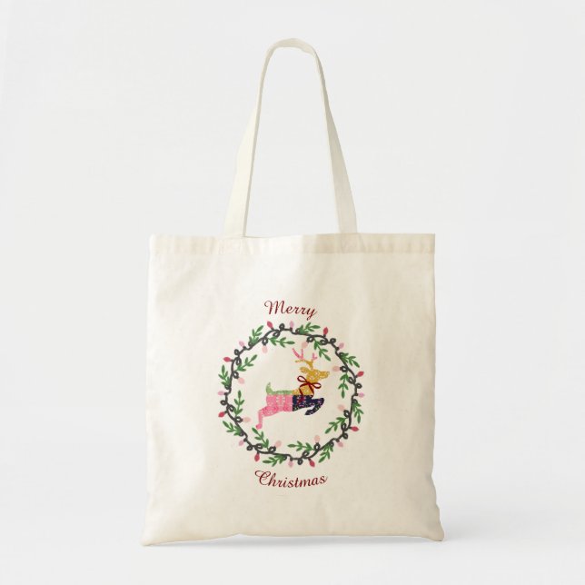 Tote Bag Merry Christmas Deer with Wreath Customize (Devant)