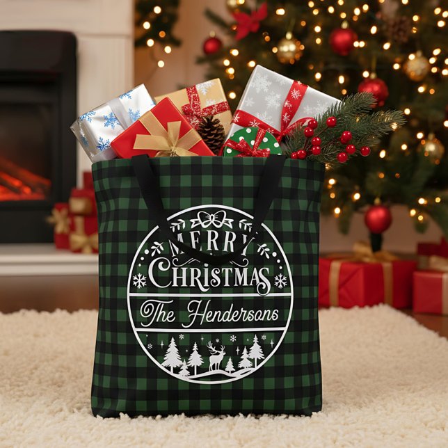 Tote Bag Merry Christmas Green & Black Buffalo Plaid Custom (Créateur téléchargé)