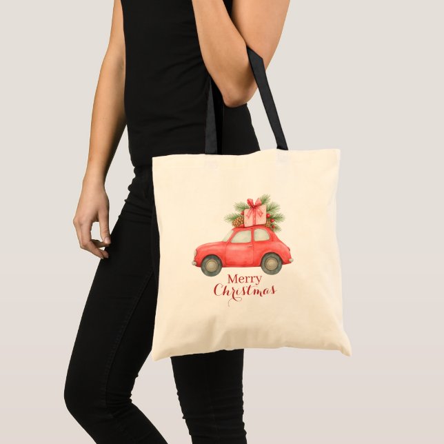 Tote Bag Merry Christmas Red Car – Personalized Holiday  (Devant (produit))