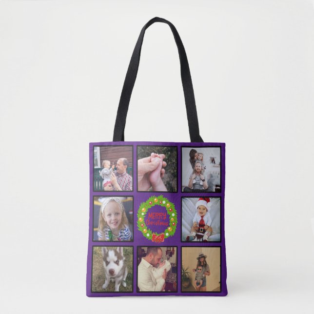 Tote Bag Merry Christmas Wreath Custom Photo Collage (Devant)