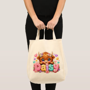 Tote Bag Mignon Kawaii Daisy Highland Cow Nom Rose Pastel F
