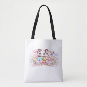 Tote Bag Mignon Monsieur et Madame Panda Couple Pastel Rose