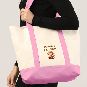 Tote Bag Mignon nom de bébé singe trucs rose marron