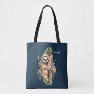 Tote Bag Mignon paresseux aquarelle et feuilles tropicales