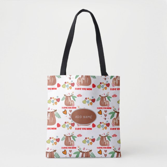 Tote Bag Mignon Paresseux Motif Brun Je T'Aime Maman Cœurs (Devant)