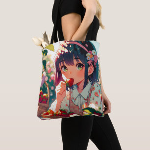 Tote Bag Mignonne Anime Girl Mange des fraises Jour d'été