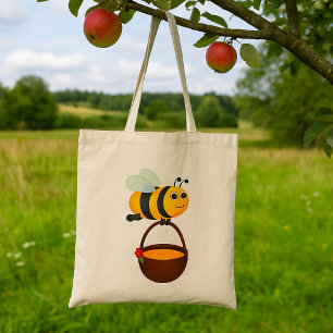 Tote Bag Mignonne Bee transportant un pot de miel avec fleu