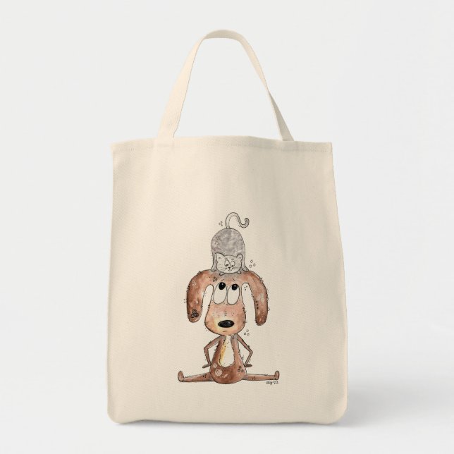 Tote Bag Mignonne chien Whimsical avec chat sur sa tête (Devant)