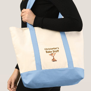 Tote Bag Mignonne girafe bébé truc nom bleu marron