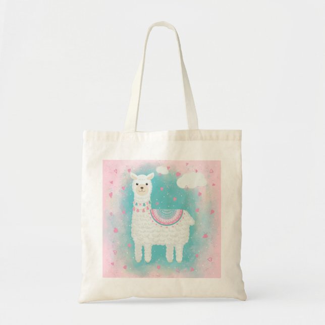 Tote Bag Mignonne lama rose et menthe (Devant)