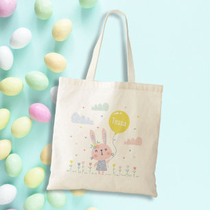 Tote Bag Mignonne lapin de Pâques avec fleurs, nuages et ba