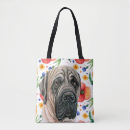 Tote Bag Mignonne Mastiff Anglais Avec Motif Fleur Rouge