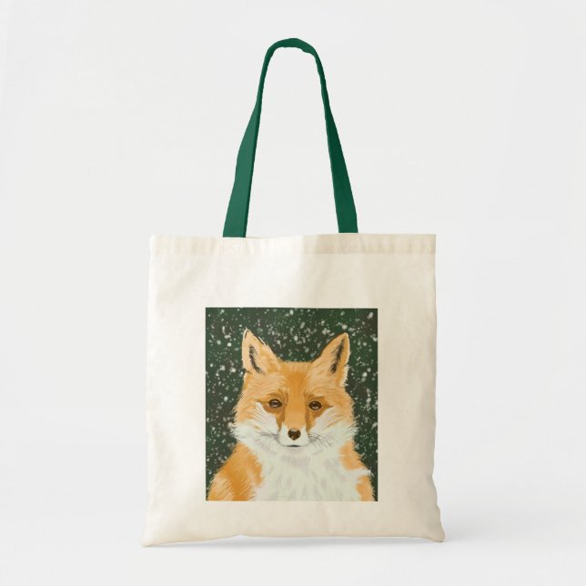Tote Bag Mignonne Petit Renard Rouge - dans la neige. (Devant)