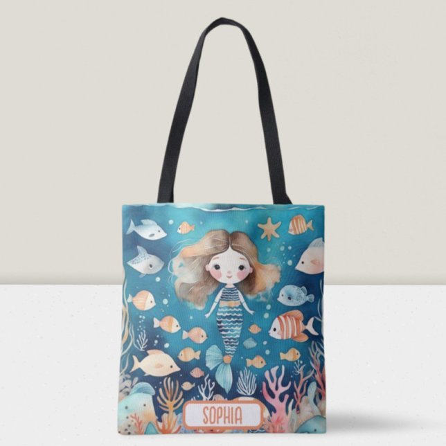 Tote Bag Mignonne petite sirène sous la mer avec du poisson (Créateur téléchargé)