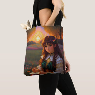 Tote Bag Mignonne Sad Anime Style Femme dans le pré au couc