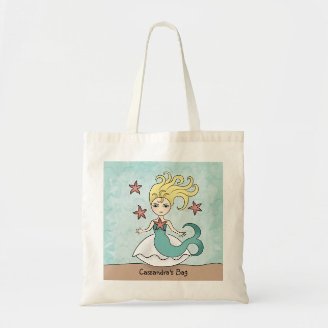 Tote Bag Mignonne sirène sur une coquille d'étoiles de mer (Devant)