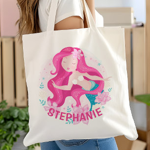 Tote Bag Mignonnes Filles Sirène aux Cheveux Roses Fantaisi