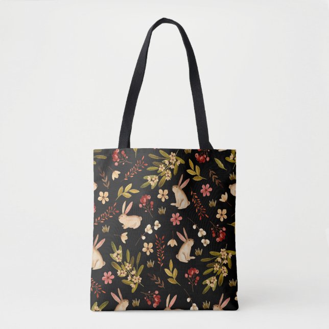 Tote Bag Mignons lapins : Motif à main aquarelle (Devant)