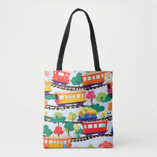 Tote Bag Mignons trains et motif d'arbres bleu