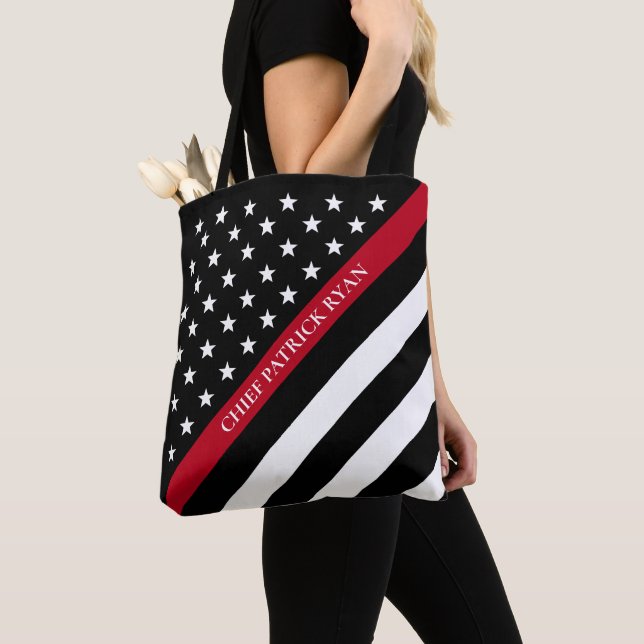Tote Bag Mince Red Line Firefighter American Flag Monogramm (De près)