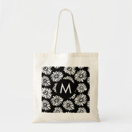 Tote Bag Minimalist Groovy Black and White Daisy Monogram
