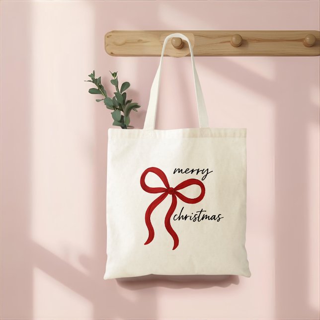 Tote Bag Minimalist Merry Christmas Red Bow  (Créateur téléchargé)