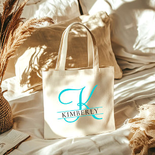 Tote Bag Minimaliste Élégant Monogramme Bleu Clair Demoisel