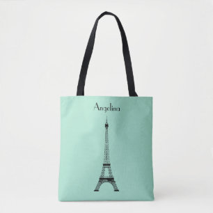 Tote Bag Mint Green Black Paris Tour Eiffel avec nom