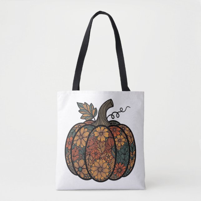 Tote Bag Modèle citrouille à motifs floraux automnaux (Devant)