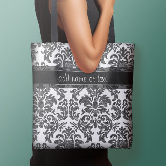 Tote Bag Modèle de damas à la craie noir et blanc écriture