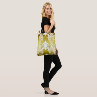 Tote Bag Modèle de Damas Vert Or Rétro