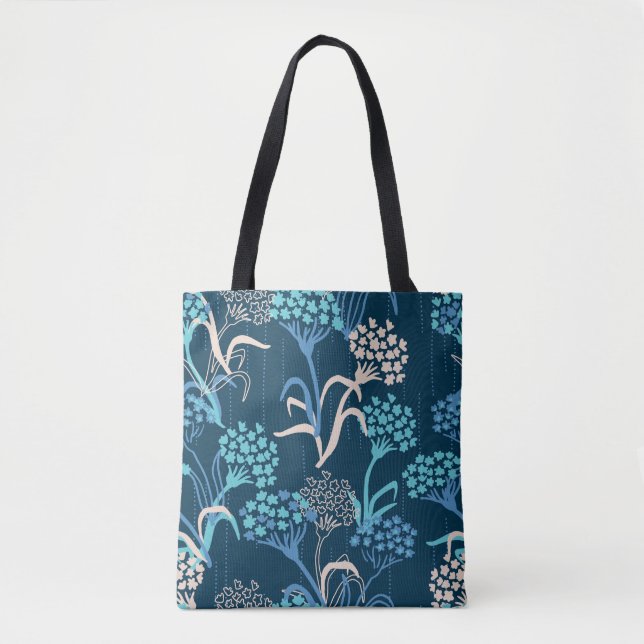 Tote Bag Modèle Floral Hydrangea stylisé - Bleu élégant (Devant)