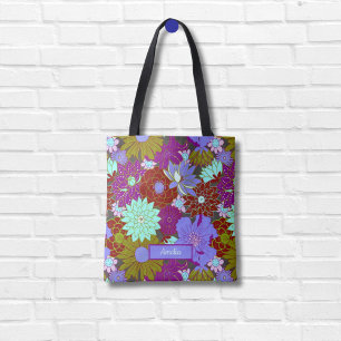 Tote Bag Modèle floral vert pourpre gras et nom personnalis