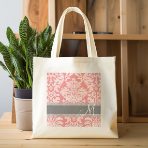 Tote Bag Modèle moderne dentelle Damas - Corail et gris