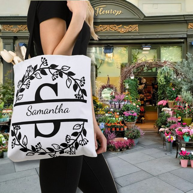 Tote Bag Modern Black Floral Wreath Split Monogram "S" (Créateur téléchargé)