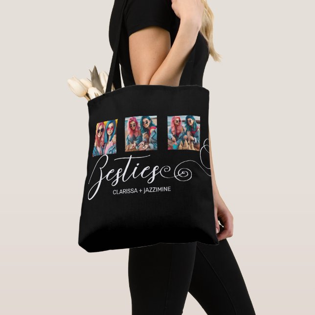 Tote Bag /Modern Black White Bestie 3 Photo Collage (De près)