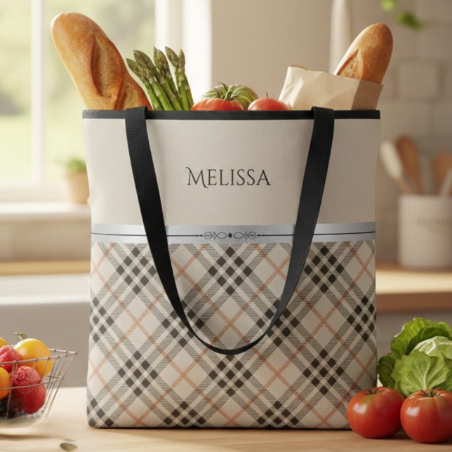 Tote Bag Modern Farmhouse Beige Plaid Pattern (Ditch the plastic for this high-end personalized tote. The perfect gift for her!)