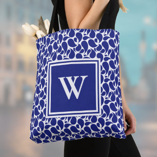 Tote Bag Modern Minimalist Deep Blue and White Paisley