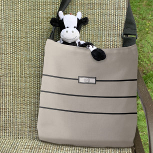 Tote Bag Modern Minimalist Stripe Monogrammed Taupe Black