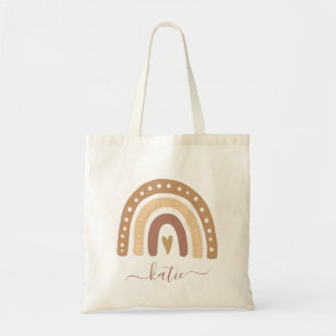 Tote Bag Modern Pastel Brown Rainbow Boho Your Name