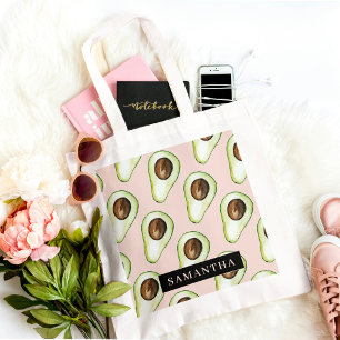 Tote Bag Modern  Pink And Green Avocado Pattern With Name