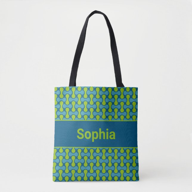Tote Bag Modern Retro Link Pattern in Blue and Green (Devant)