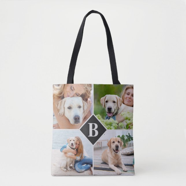 Tote Bag Moderne 4 Photo Collage Monogramme Animaux Amoureu (Devant)
