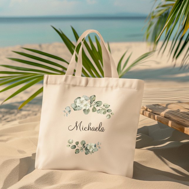 Tote Bag Moderne aquarelle Eucalyptus Feuilles Personnalisé (Add name or other text to personalize)