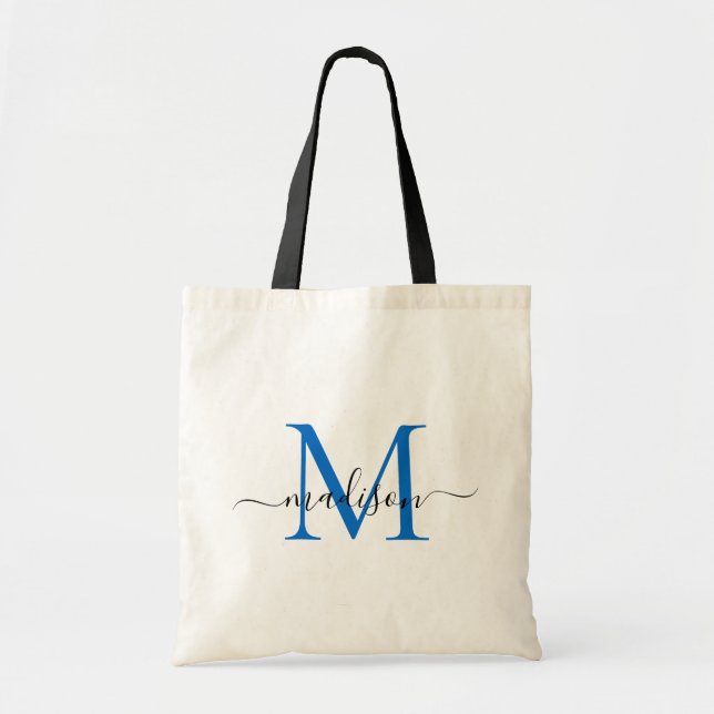 Tote Bag Moderne Chic Bleu Marine Monogramme Élégant Nom de (Devant)