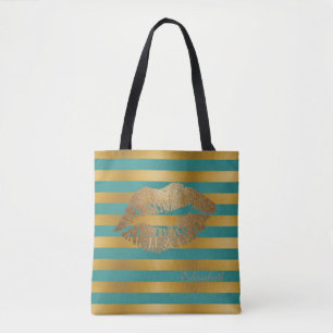 Tote Bag Moderne Féminin Rayures, Lèvres Pailletées, Perso