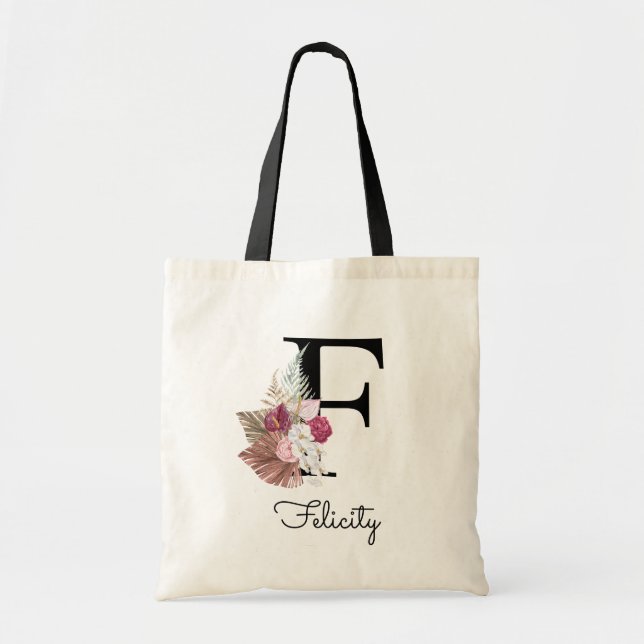 Tote Bag Moderne Rose Boho Féminin Floral Initial F (Devant)